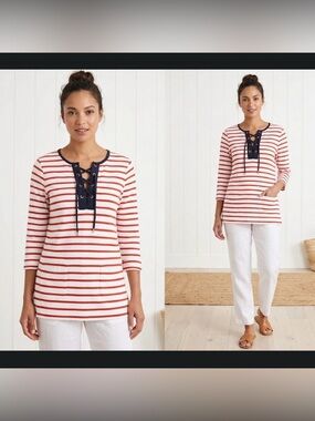 TommyHilfiger Nautical Lace-Up Striped Tunic Top Blue White Terracotta M Coastal